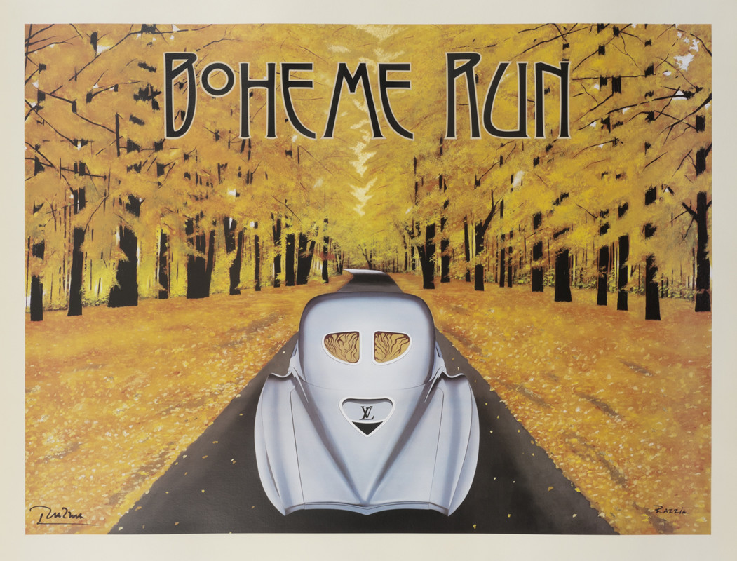 Vintage car races through autumn woods; yellow, white, black