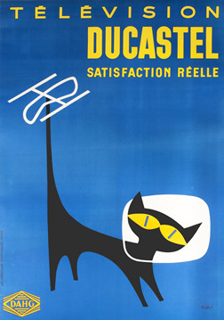 Cartoonish cat with head in tv monitor and antenna attached to tail; blue, black, white, yellow