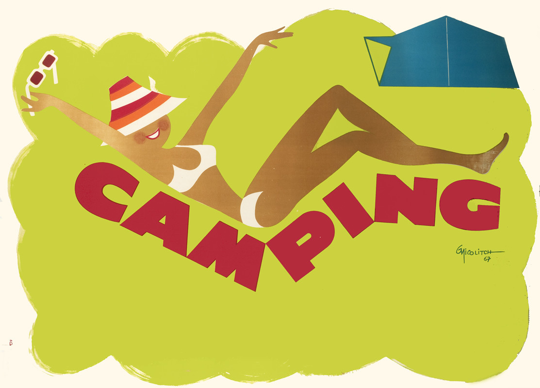 Woman in bikini sits on lawn chair made out of the title camping, tent behind; bright green, white, red