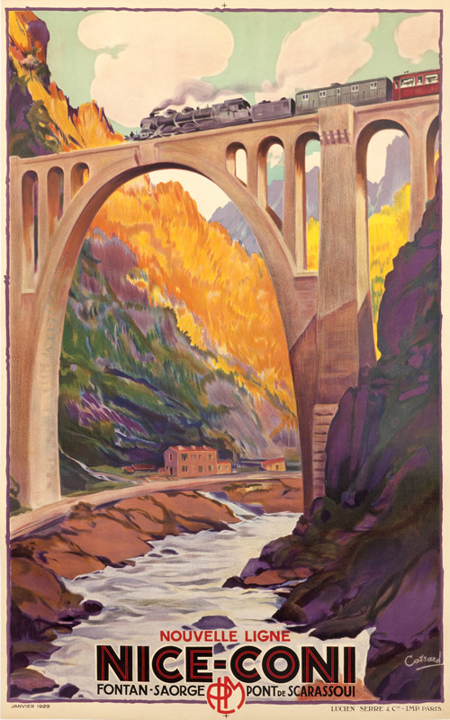 Train steams across bridge over river; orange, purple, blue