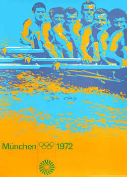 Men rowing; yellow, blue