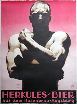 Nude muscular man in shadows flexes arm muscles; pink, black, brown