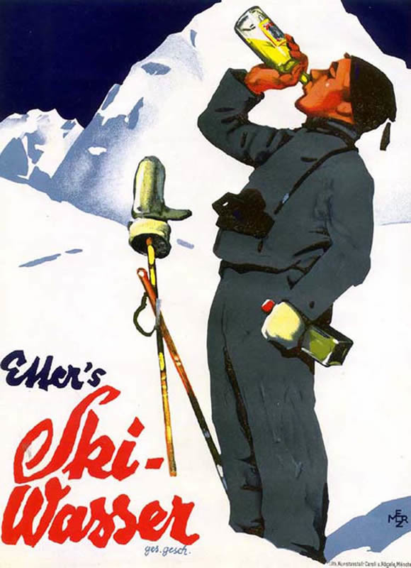 Skier downs some Etter's Ski-water; grey, blue, white