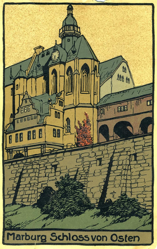 Village scene with cathedral on cliff; brown, green, red