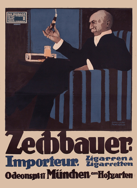Man smokes cigar in striped chair; black, blue