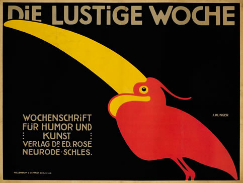 Tropical bird with large beak, text; black, yellow, red
