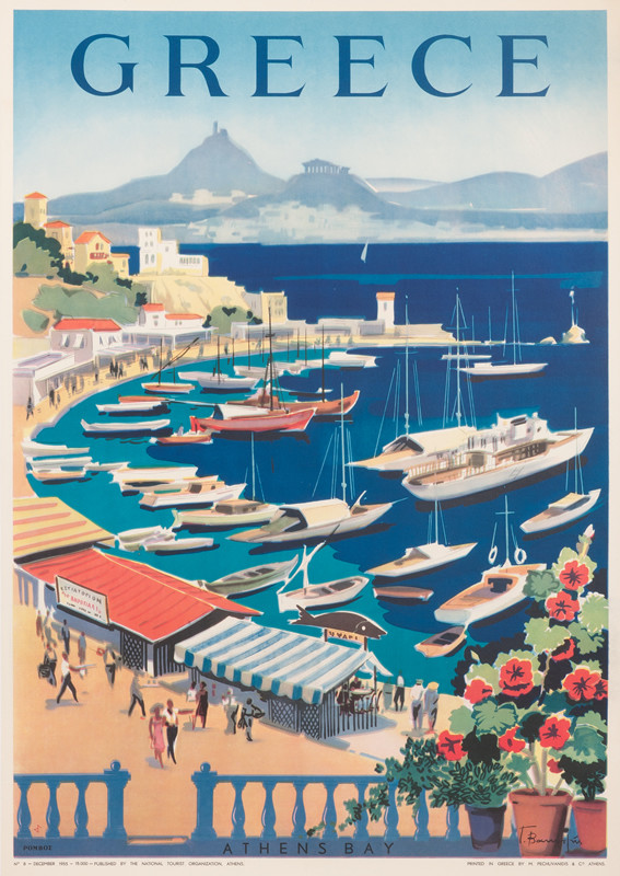 View of Piraeus (port of Athens, Greece), and bay of nearby Castella, Acropolis visible in background, busy harbor, market scene; blue, white, red