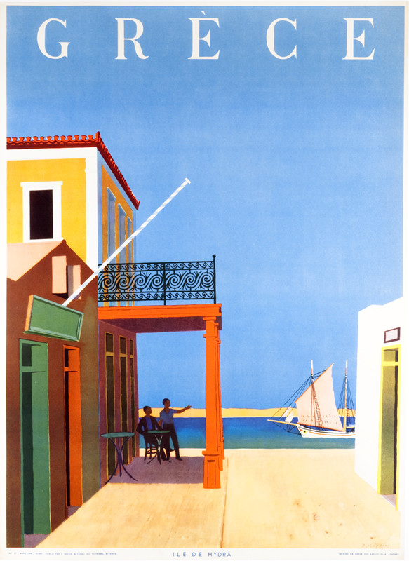 View of men sitting in café under balcony of building, sailboat going by; red, blue, pink