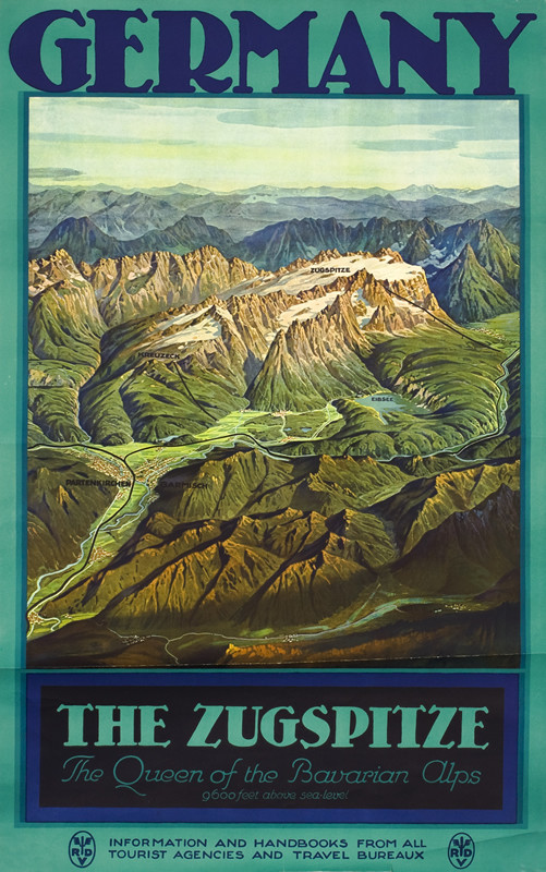Aerial view of Bavarian Alps, villages, mountains; brown, blue, green