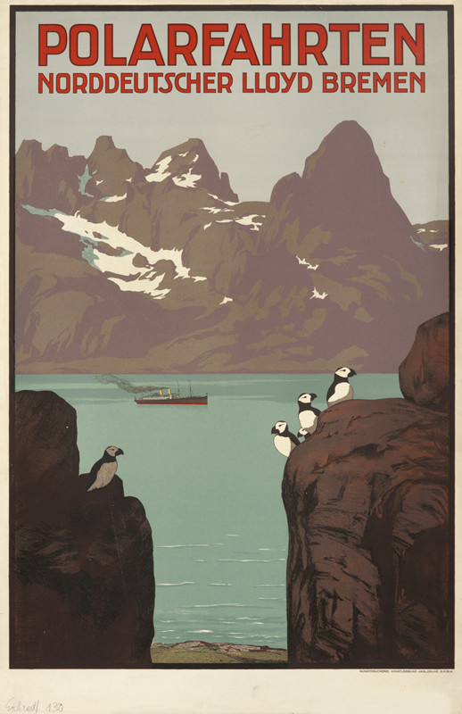 Ocean liner in distance among snow-covered artic mountains with puffins; brown, blue, red