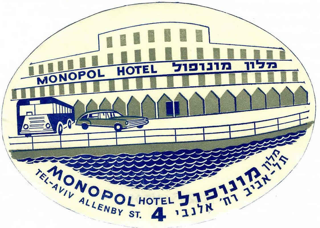 Façade of hotel on waterfront, car, bus; gray, blue, white