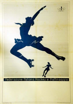 Woman rollerskater leaping; blue, white