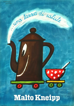 Coffee pot steam engine pulls coffee cup; blue, brown, red