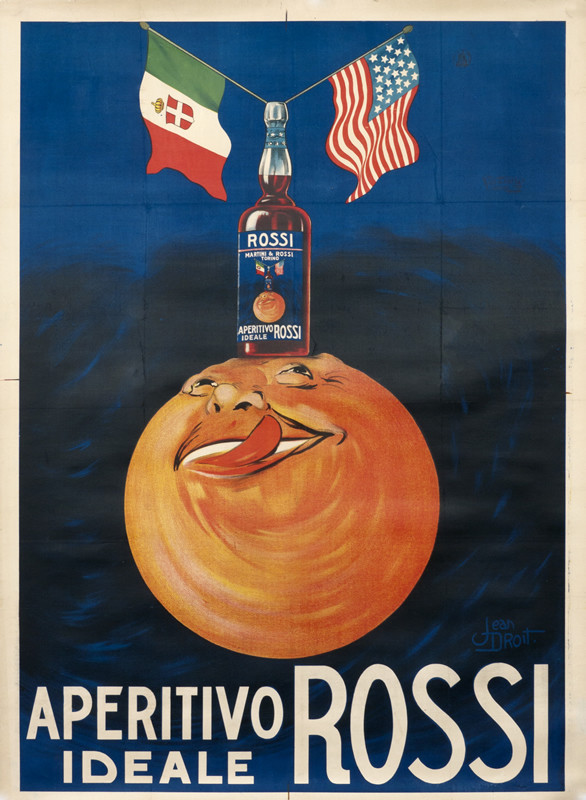 Smiling moon with Rossi bottle perched atop his head with Italian and American flags; blue, orange, yellow