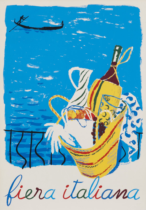 Basket of food and wine in window overlooking canal and gondola; blue, red, yellow