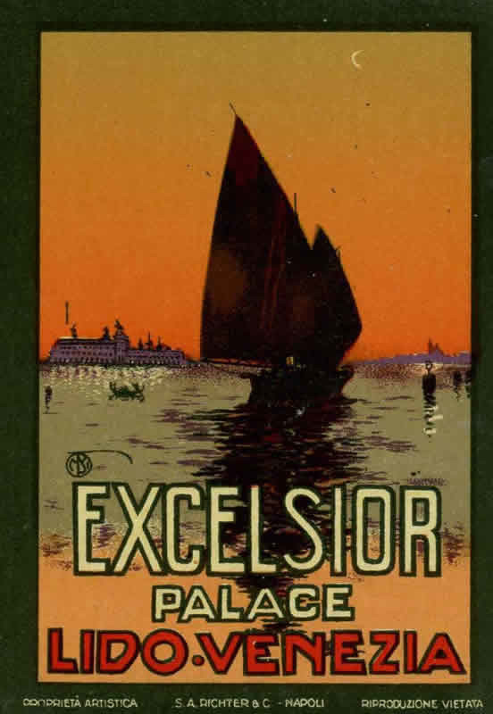 Sailboat on water, view of Venice behind, sunset; green, peach, red, white
