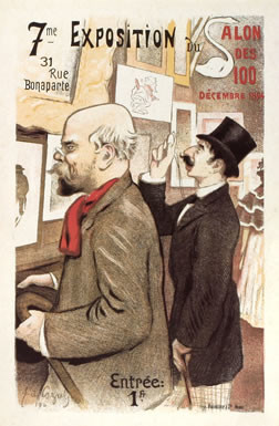 Two men look at prints on the wall