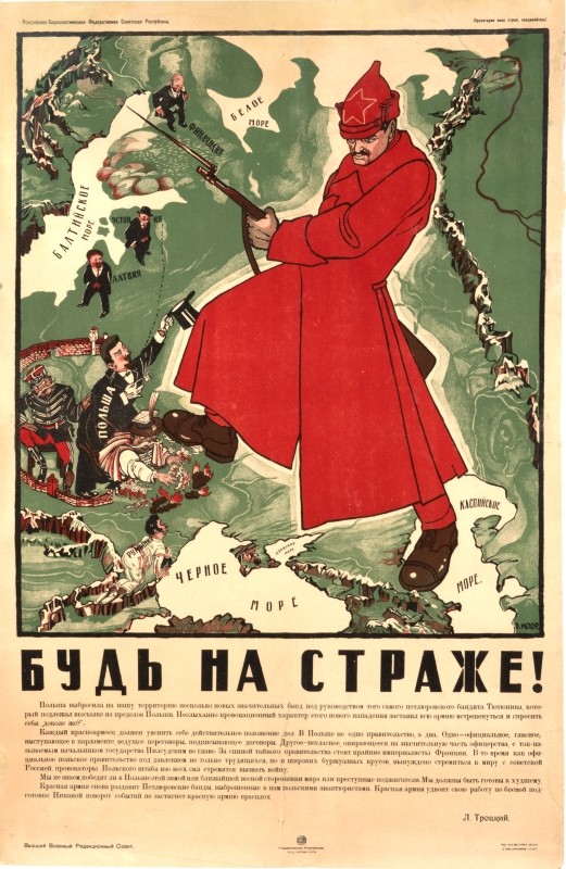 Russian soldier in brilliant red uniform superimposed on a map of the Russian border; red, green and beige