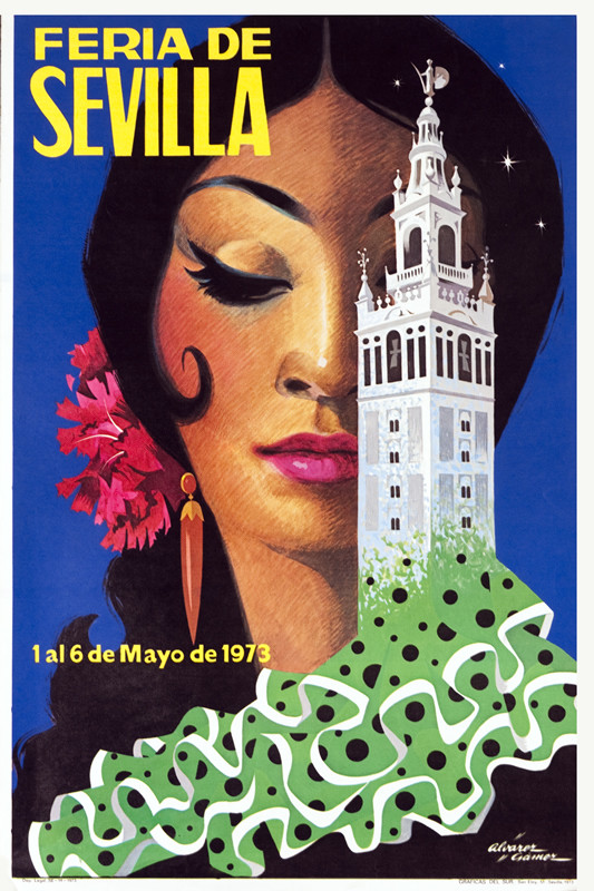 Beautiful face of a woman with flower in hair with Seville Capitol building with decorative skirt; blue, green, pink