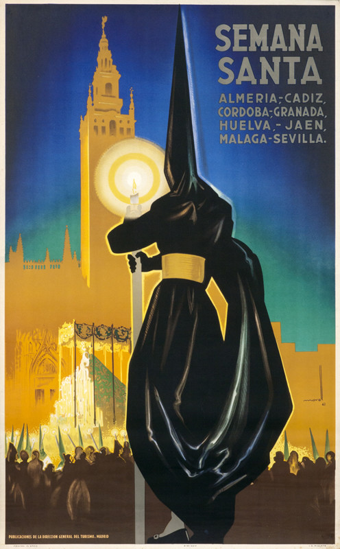 Hooded figure with torch among crowd in town square with cathedral in back; black, blue, green, brown
