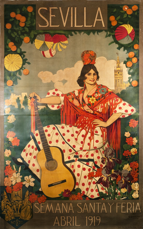 Spanish woman, white, tan, yellow, green, red, blue on olive