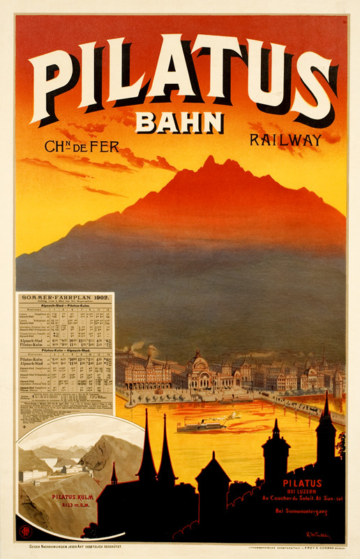Sunset view of Mt Pilatus with river scene in foreground
