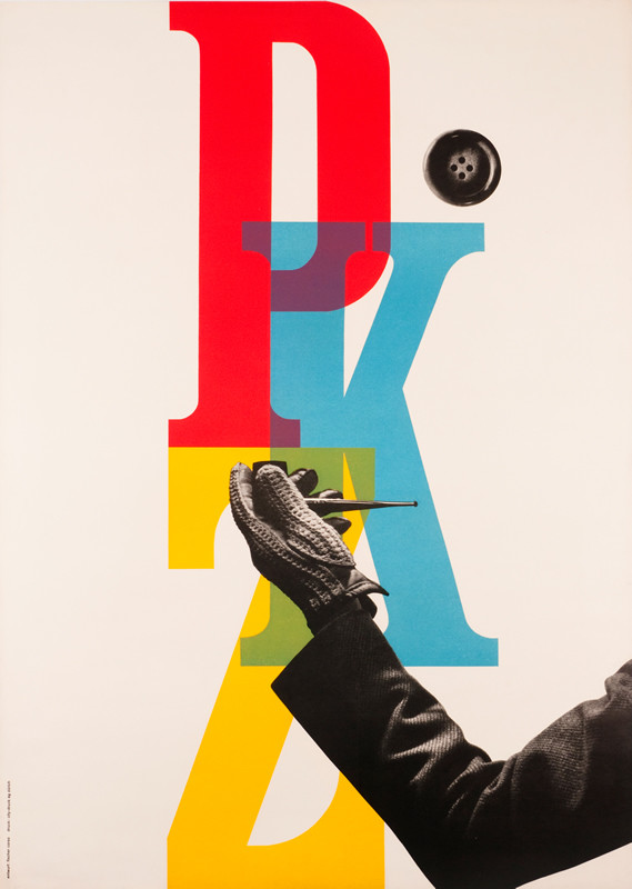Colorful letters PKZ and photomontage of a button and a hand holding a pipe; red, blue, yellow