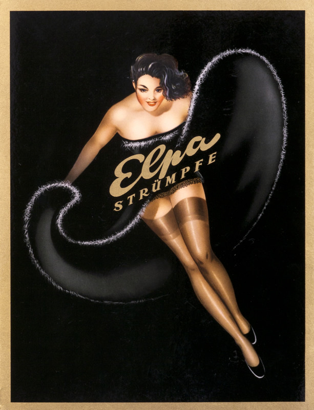 Woman in strapless dress reveals her stockings; black, gold