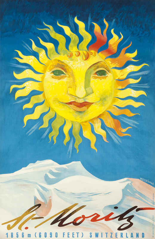 sun smiles above ski slopes; blue, yellow, white