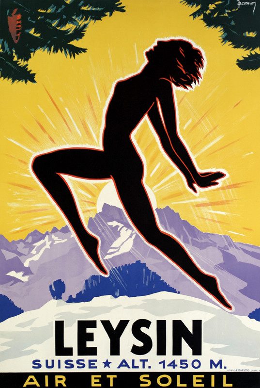 Woman leaps against mountain backdrop, sun rise; yellow, purple