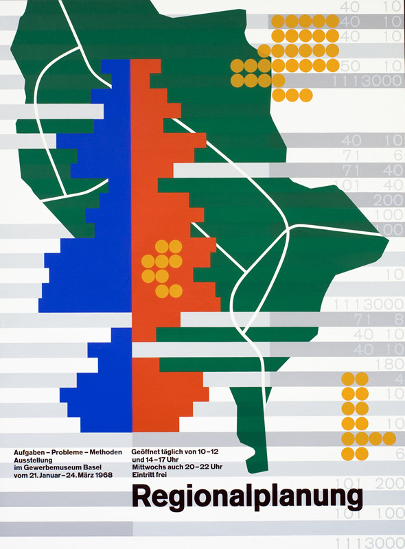 Simplified plan of regional roads, population density; green