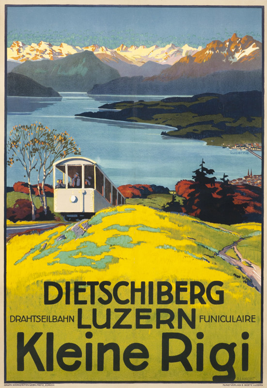 Funicular crests hill above lake and mountains; green, blue, yellow