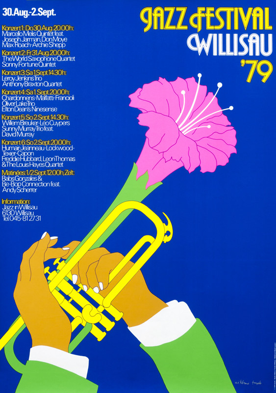 Lily comes out of trumpet; blue, yellow, pink