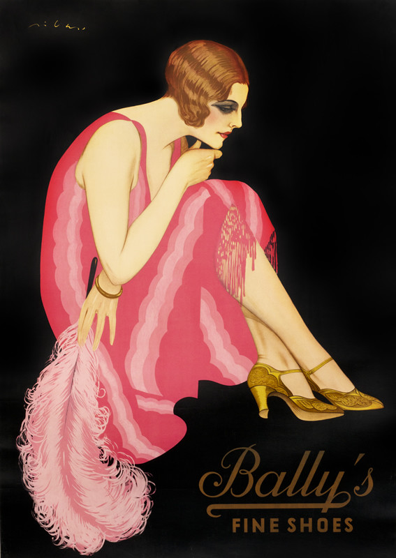 Seated woman in fringed dress holds feather; pink, gold, black