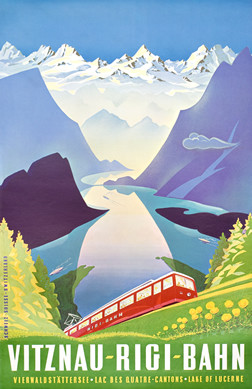 View of train climbing steep mountain above Lake Lucerne, flowers, fields, mountains, lake surround; blue, green, yellow, purple