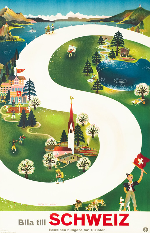 Road winding through Swiss countryside, lake, village scenes, boy waving flag, church, resort, hikers; green, blue, red, brown