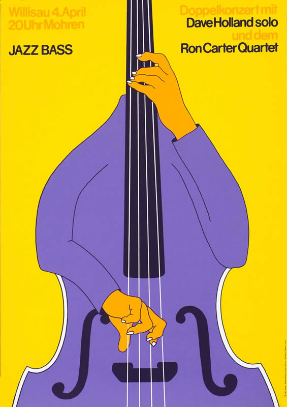 Standing bass with arms playing instrument; purple, yellow, orange