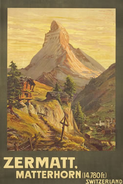 View of Matterhorn and countryside; brown, yellow, green