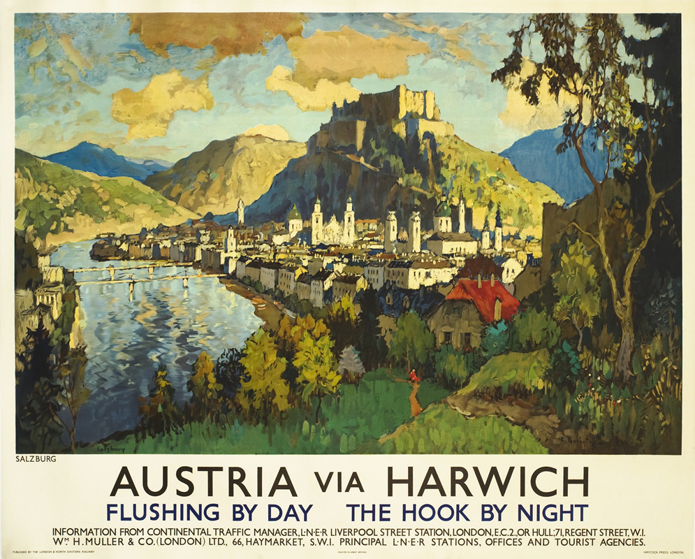 Painterly view of the old town and fortress of Salzburg, bridge over Salzach river; blue, green, brown, cream