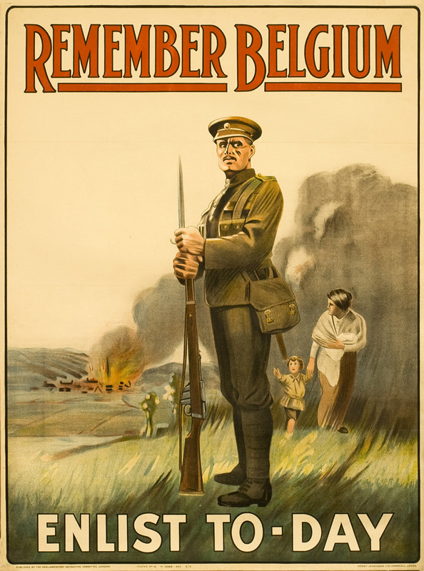 British soldier stands at the ready, Belgian mother and child flee burning town; red, green, brown