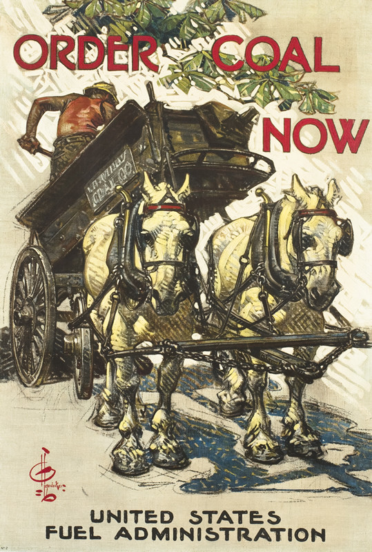 Horse drawn delivery truck delivers coal