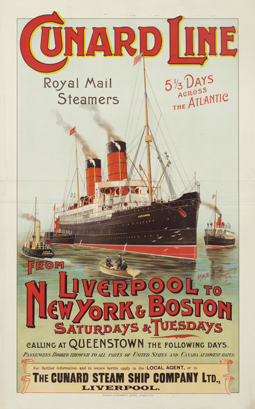 Ocean Liner, tugs and small ships in port; red, black, blue