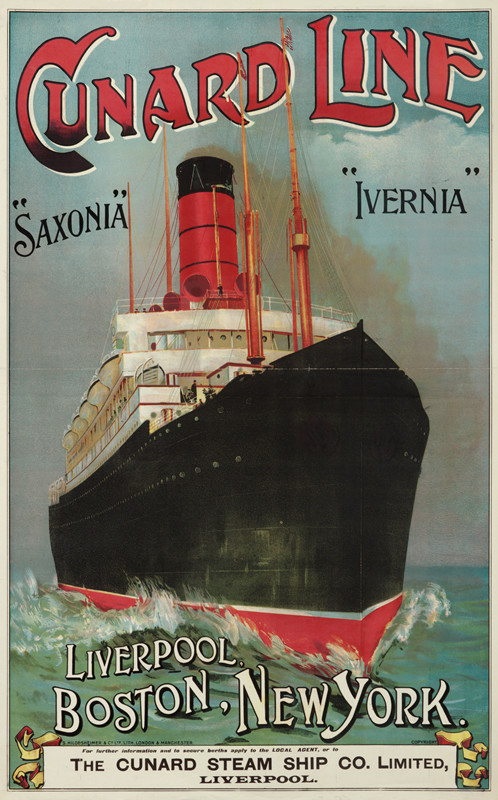 Single stack transatlantic ocean liner heads towards viewer; blue red, black