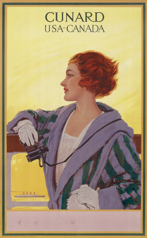 Woman with binoculars in foreground against a sunset with 4 stack ocean liner in background - yellow, purple, green, red