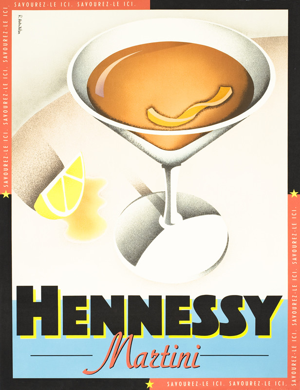 Martini glass with piece of lemon on table; blue, red, yellow