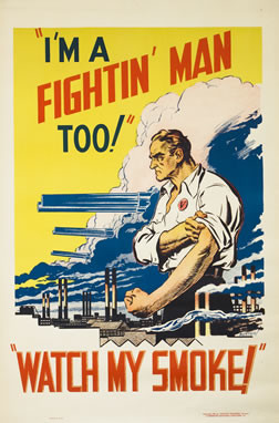 Determined man rolls up his sleeve, cannon loom over factories; blue, yellow, red