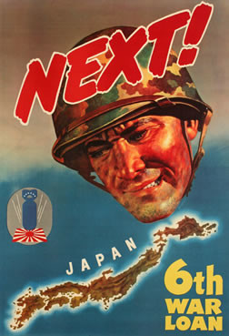 Infantryman grimaces as he looks at map of Japan; blue, red