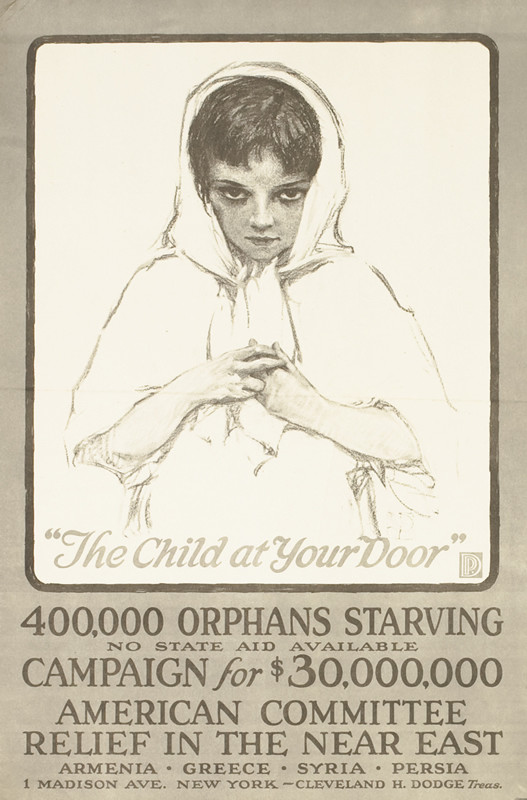 Little girl in kerchief looks pitiful, Armenia, Syria, Greece, Persia; gray, black, white