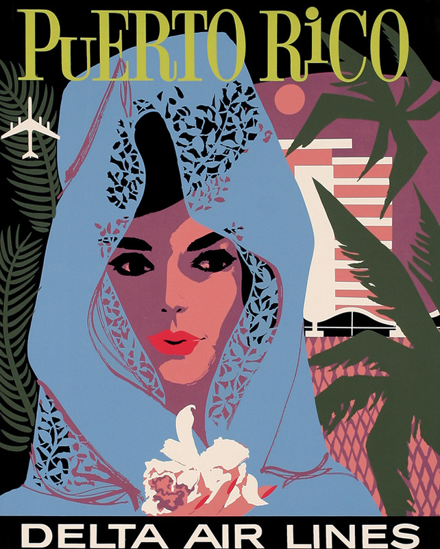 Veiled woman in tropical setting; blue, green, pink