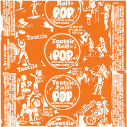 Blow-up of tootsie pop wrapper; orange